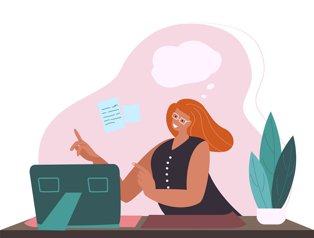 Illustration of woman sitting at a computer with empty thought bubble over her head.