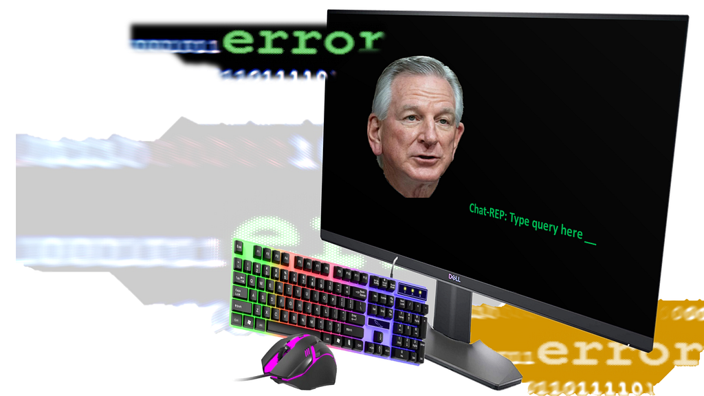 Computer screen with Tommy Tuberville’s head and a command line asking for the user to type a query. Behind the screen are error messages.
