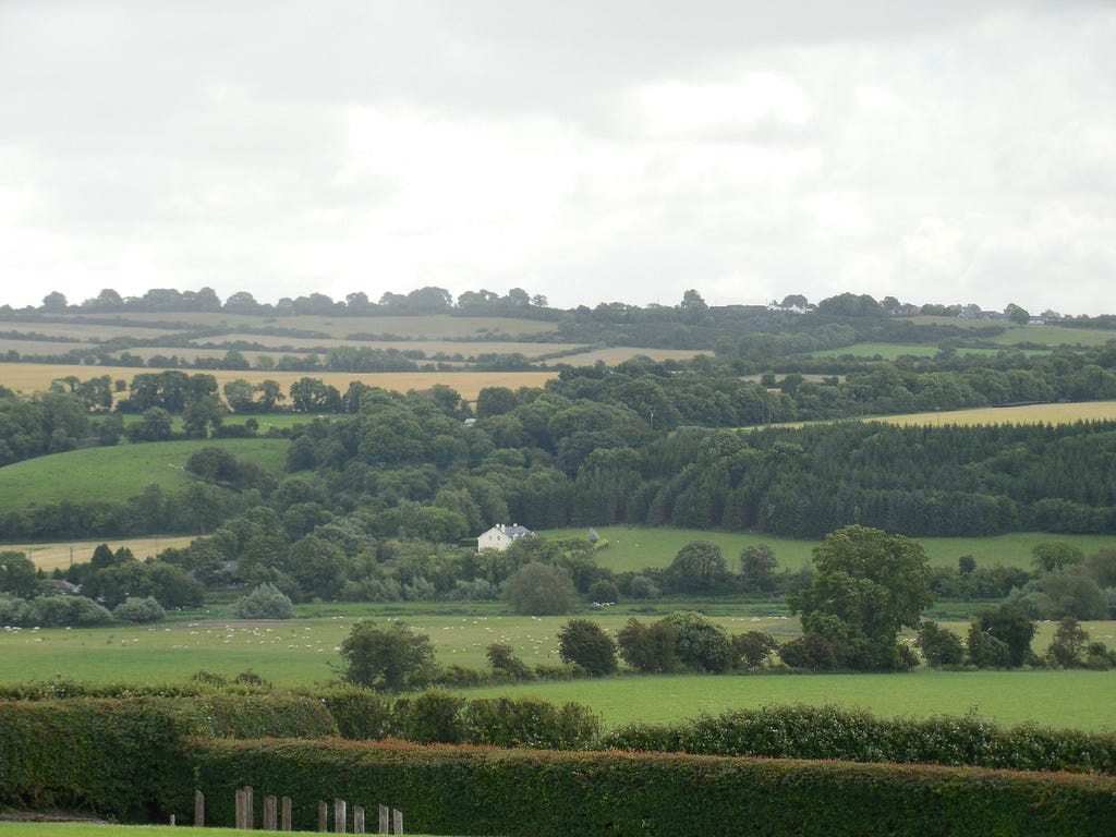 The view of trees, fields, and a small building from Newgrange in Ireland.