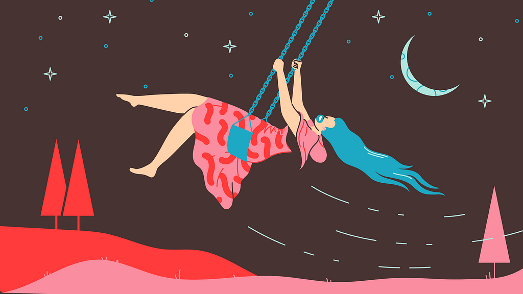 Inspiring digital art illustration: woman playing on a swing under a night sky with vibrant colors including red, pink, blue.