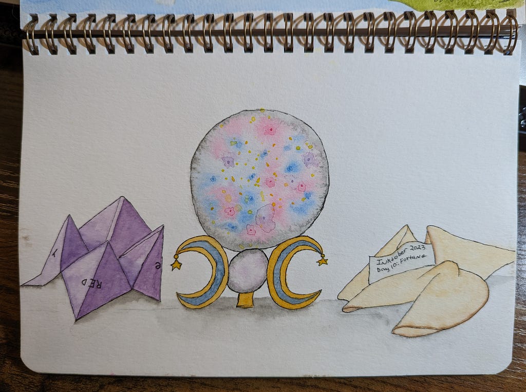 A crystal ball, two fortune cookies, and an origami cootie catcher for the prompt “fortune.”