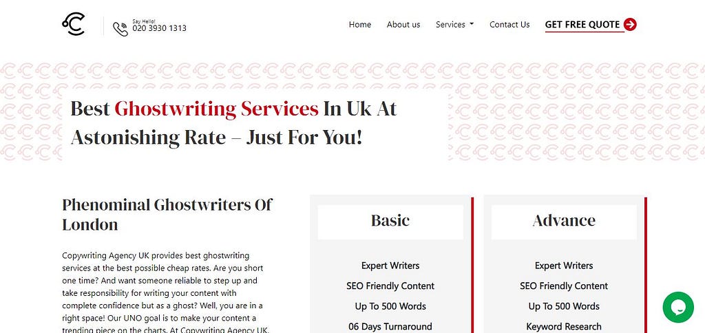 Ghostwriting services by Copywriting Agency UK — Website Snapshot