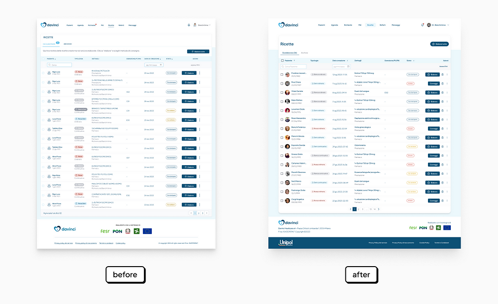 The before and after of the product, with the implementation of the design system.