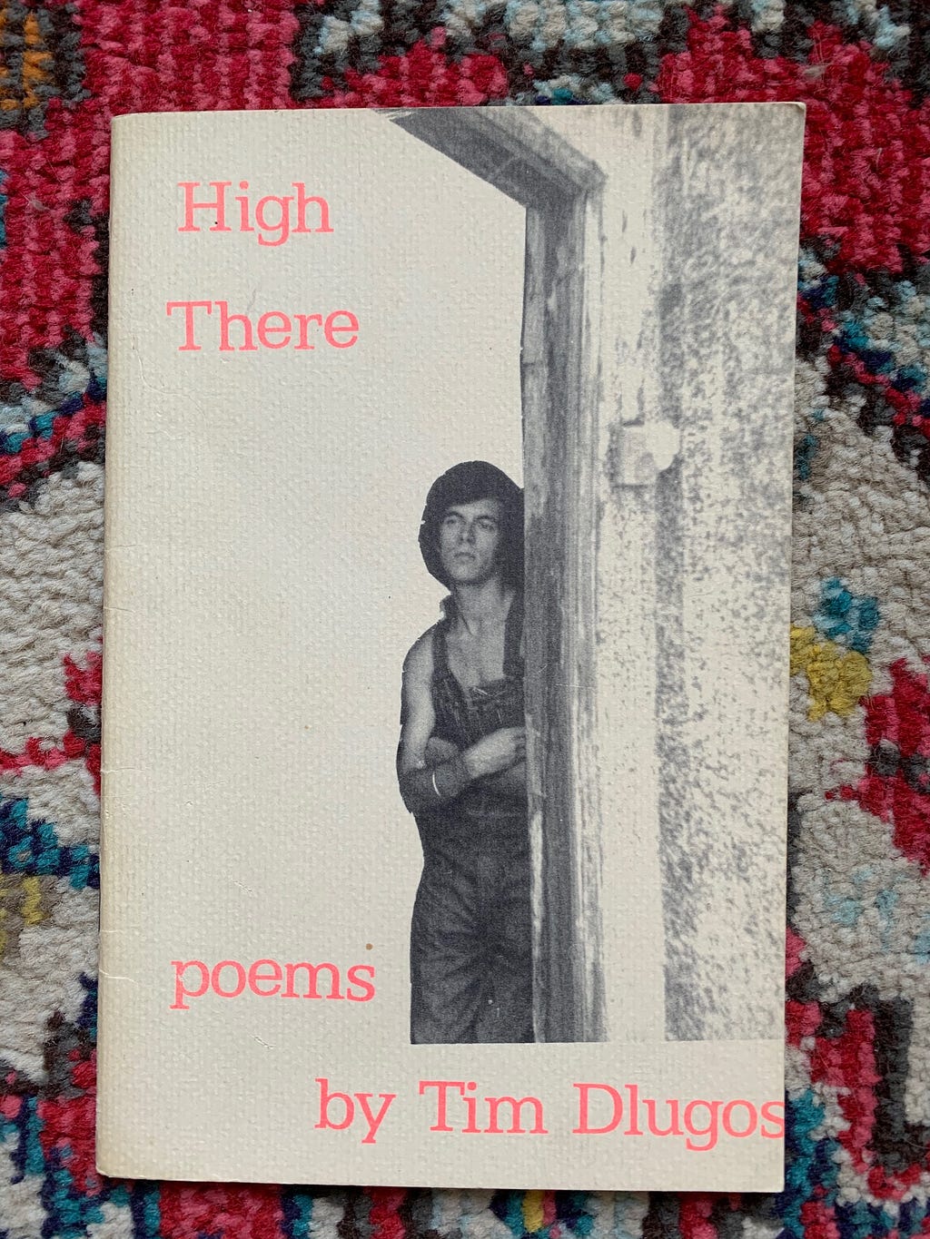 Photo of Tim Dlugos on the cover of his book High There against a colorful carpet background.