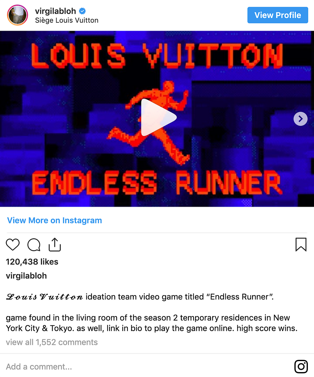 An Instagram photo of Virgil Abloh’s video game release.