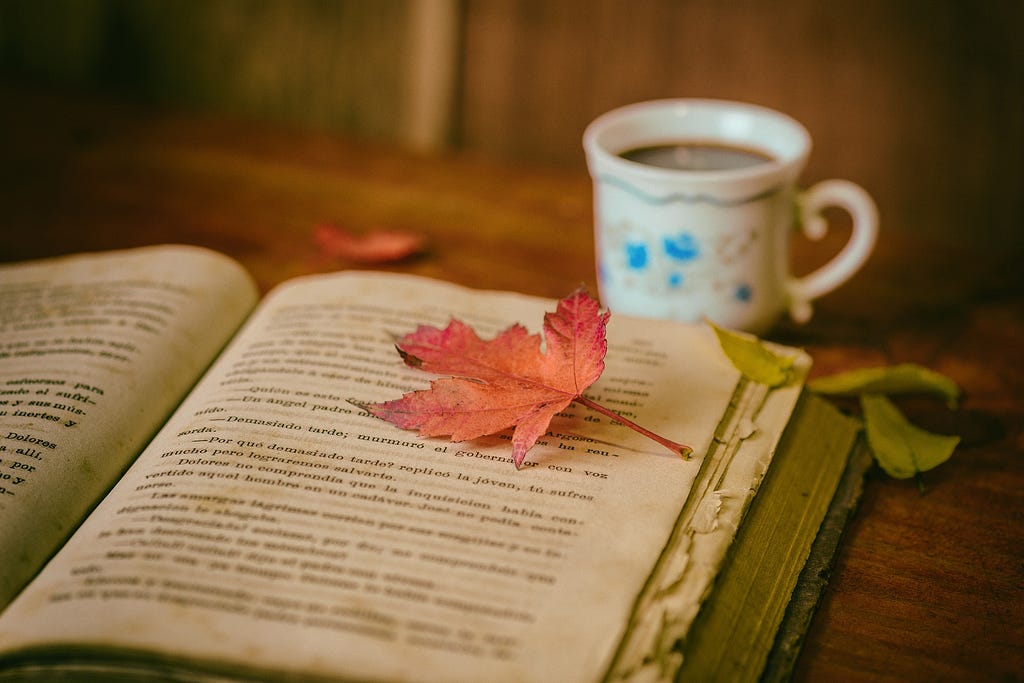 life, reason, nature, lesson, book with cup of tea and leaf.