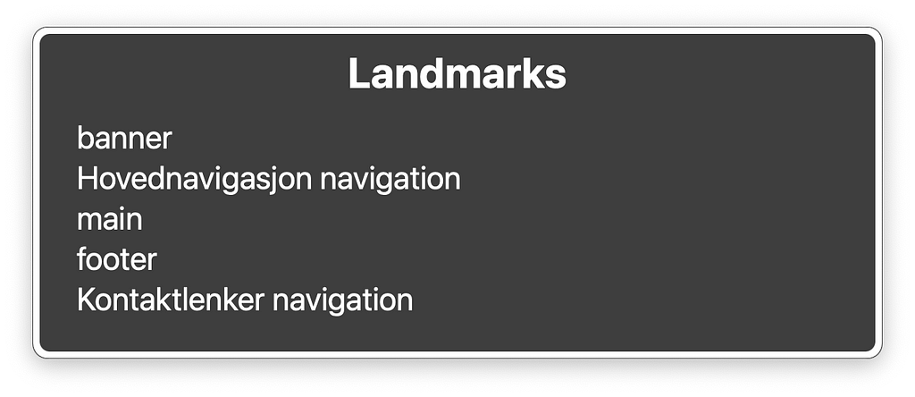Samme skjermdump som over av VoiceOver-rotoren med landemerker, denne gangen med “Hovednavigasjon navigation” og “Kontaktlenker navigation” labels på de forskjellige navigasjonsregionene
