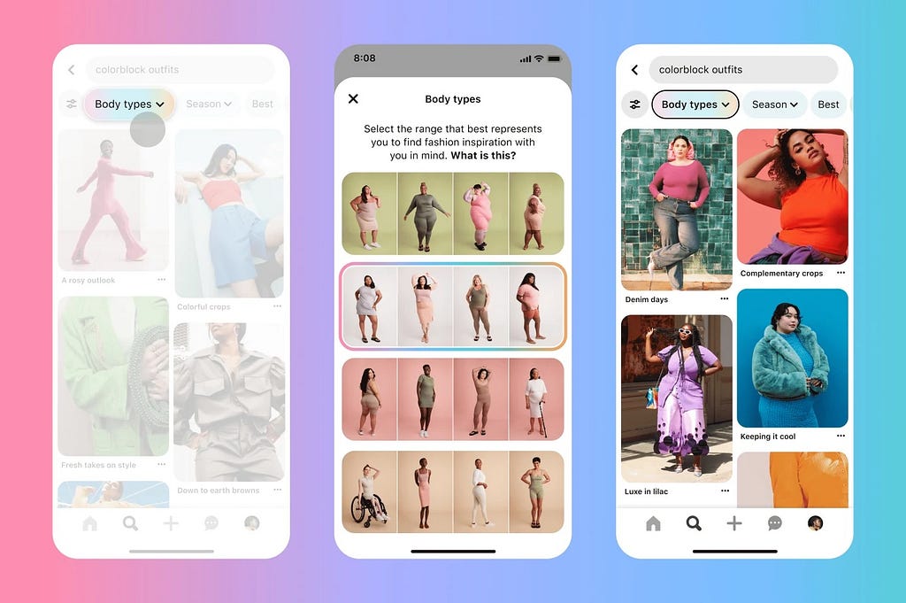 User interface screenshots showcasing Pinterest’s body type ranges tool