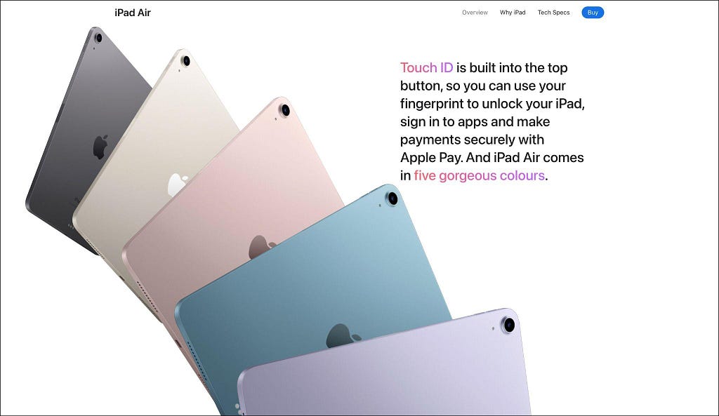 Example of leading lines, the Apple iPad page on Apple’s website.