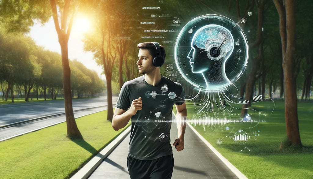 A person jogging in a park while wearing headphones, with a futuristic AI interface floating beside them, capturing and analyzing their thoughts.