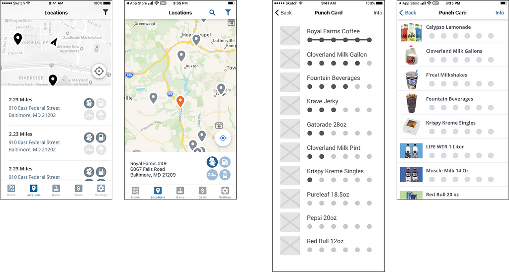 Images of the store locator and reward punch card, both in wireframe and final visual design.