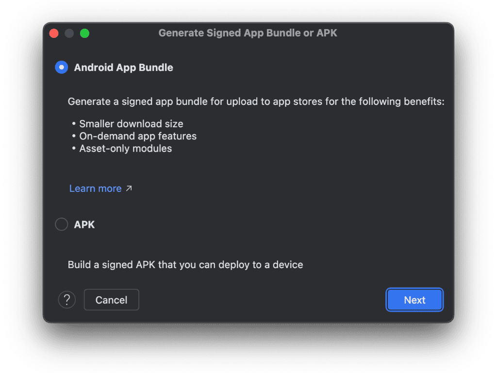Choose Android App Bundle and then click Next.