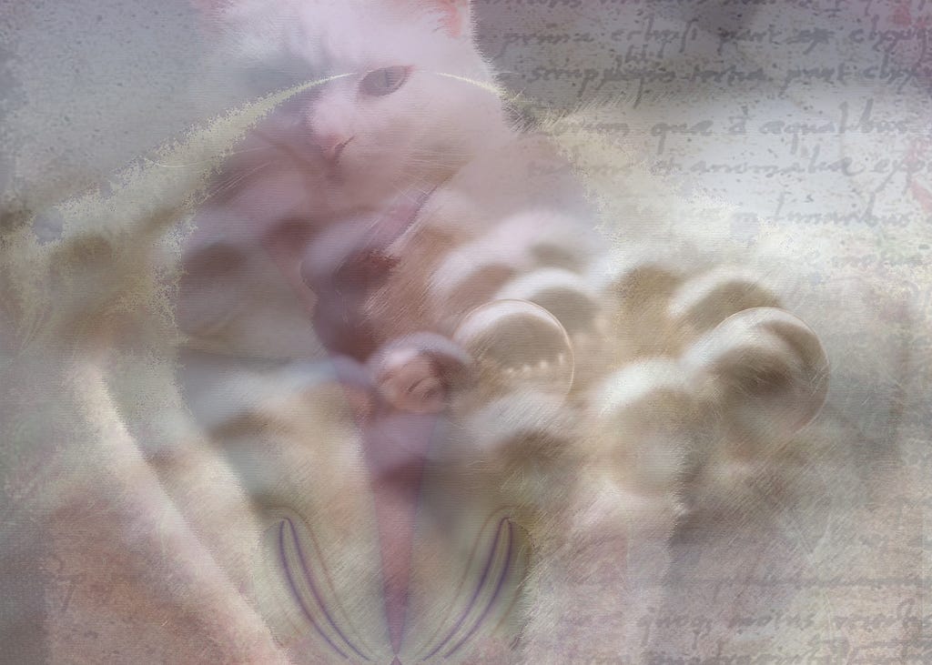 Composite image of a white cat, string of beads, a page of handwritten script, and a fractal design that resembles female genitalia.