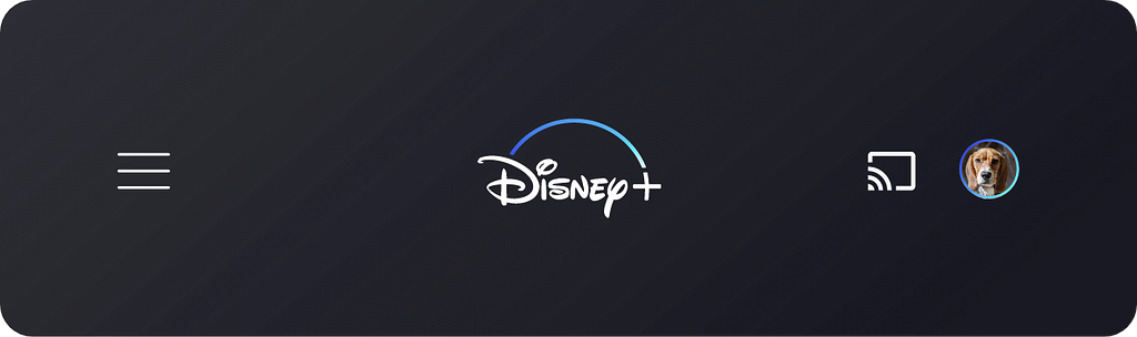 An updated version of the Disney+ top menu, showing a hamburger menu on the left, the Disney+ logo in the center, and the casting icon and a profile icon on the right.
