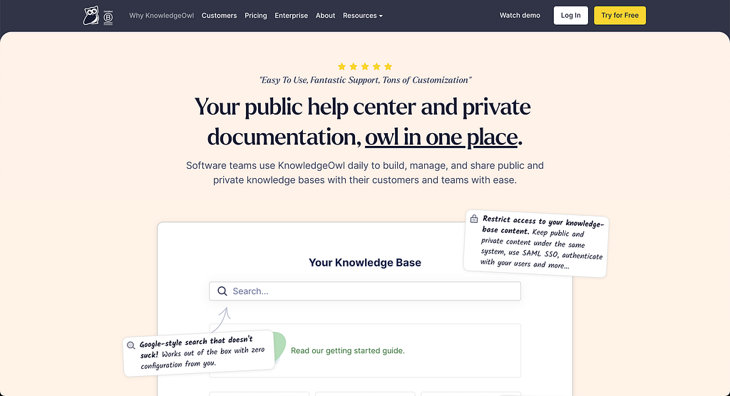 A screenshot of KnowledgeOwl’s homepage from August 2024.