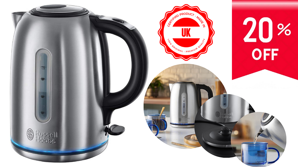 Russell Hobbs Brushed Stainless Steel Electric 1.7L Cordless Kettle (Quiet & Fast Boil 3KW, Removable washable anti-scale filter, Push button lid, Perfect pour spout) 20460