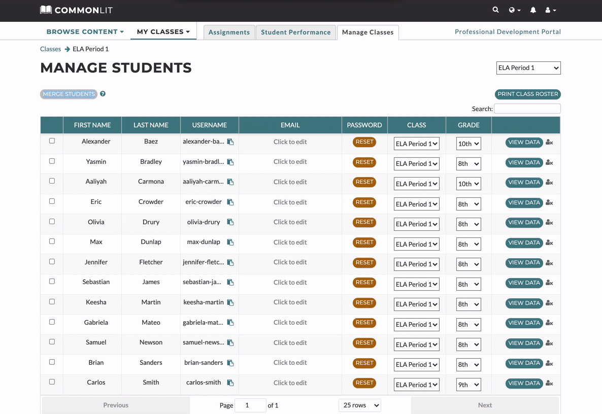 A gif of a CommonLit Manage Students page with over a dozen students listed on a roster followed by a table titled “Removed Students” that contains one student who has a “View Data” and an “Add Back to Class” button.