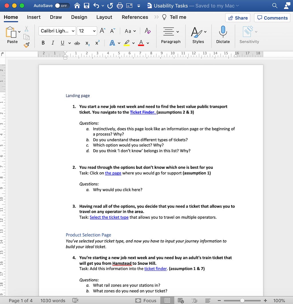 Usability tasks set out in a Microsoft Word document with headings and lists