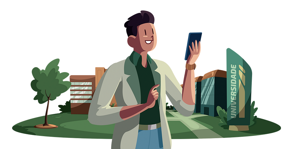 Ilustração de um homem vestindo um terno olhando para o celular em sua mão.