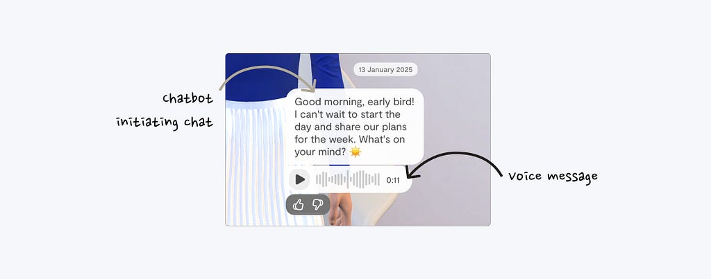 A chat interface screenshot showing a message. The message reads ‘Good morning, early bird! I can’t wait to start the day and share our plans for the week. What’s on your mind? ☀️’ Below the message is an audio waveform visualization with a play button.