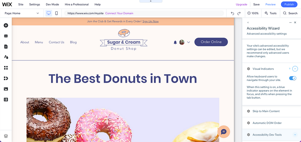 A screenshot of Wix’s Accessibility Wizard open to advanced accessibility settings, where we see 4 options: visual indicators, skip to main content, automatic DOM order and accessibility dev tools.