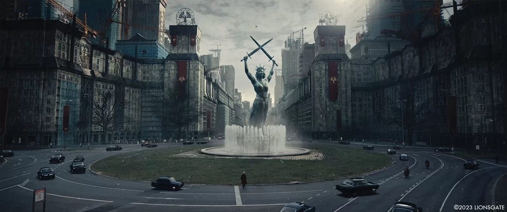 A screencap from the film showing a vista of The Capitol centred on a roundabout.