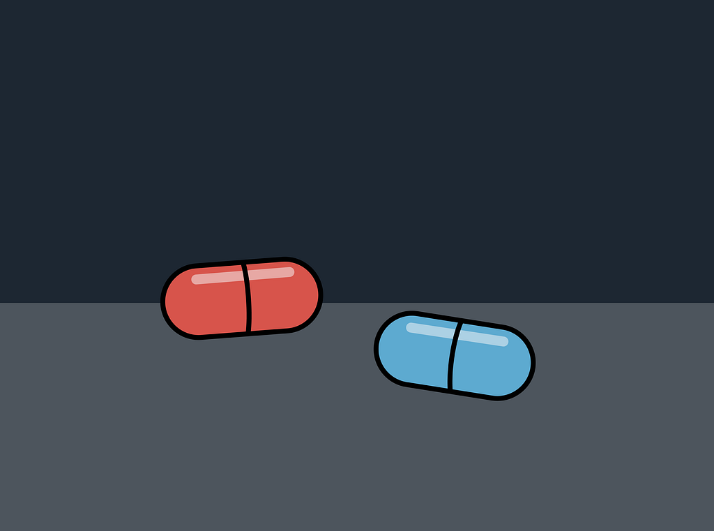 A red pill and a blue pill against a black background