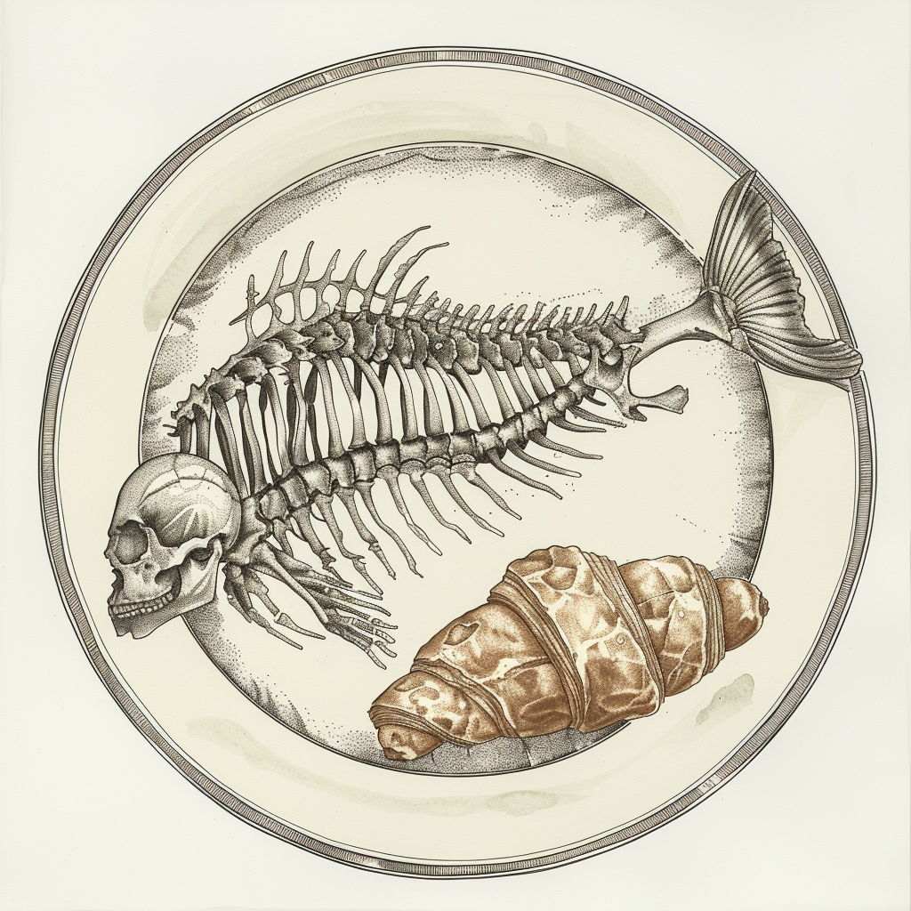 A drawn image of a fish skeleton and a croissant on a plate, representing the Halfbakery idea scoring system.