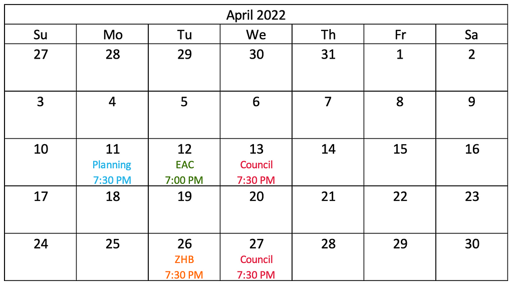 Community Calendar with labels and a good use of color to differentiate categories