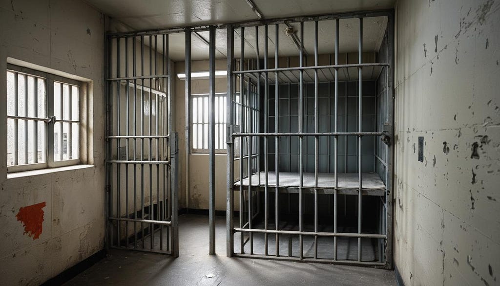 Prison cell with steel bars