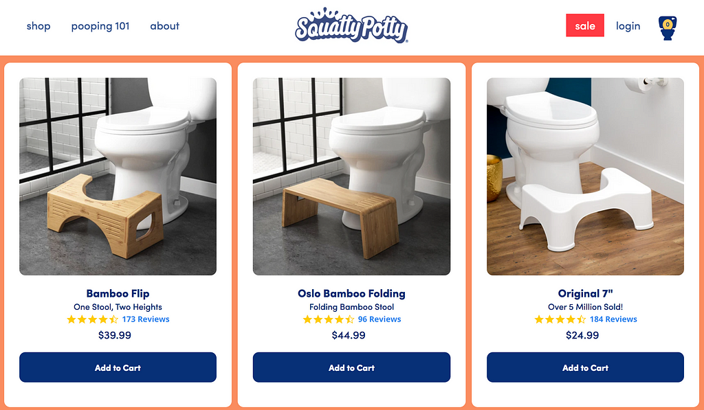 Screenshot from the Squatty Potty website showing prices for their models. Bamboo Flip: $39.99. Oslo Bamboo Folding: $44.99. Original 7": $24.99.