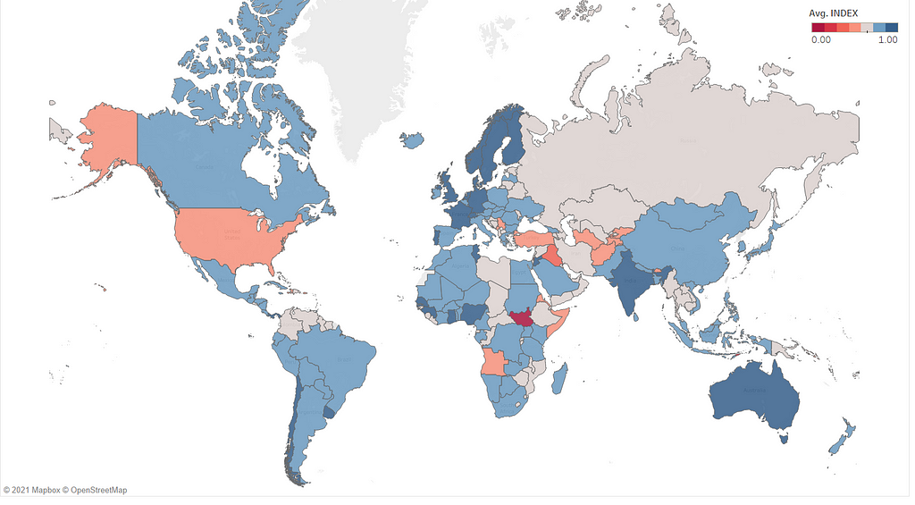 World map color coded by an index of countries’ speed in signing on to environmental commitments (orange/blue diverging)