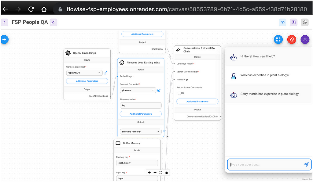 Screenshot of a working Flowise employee search chatbot