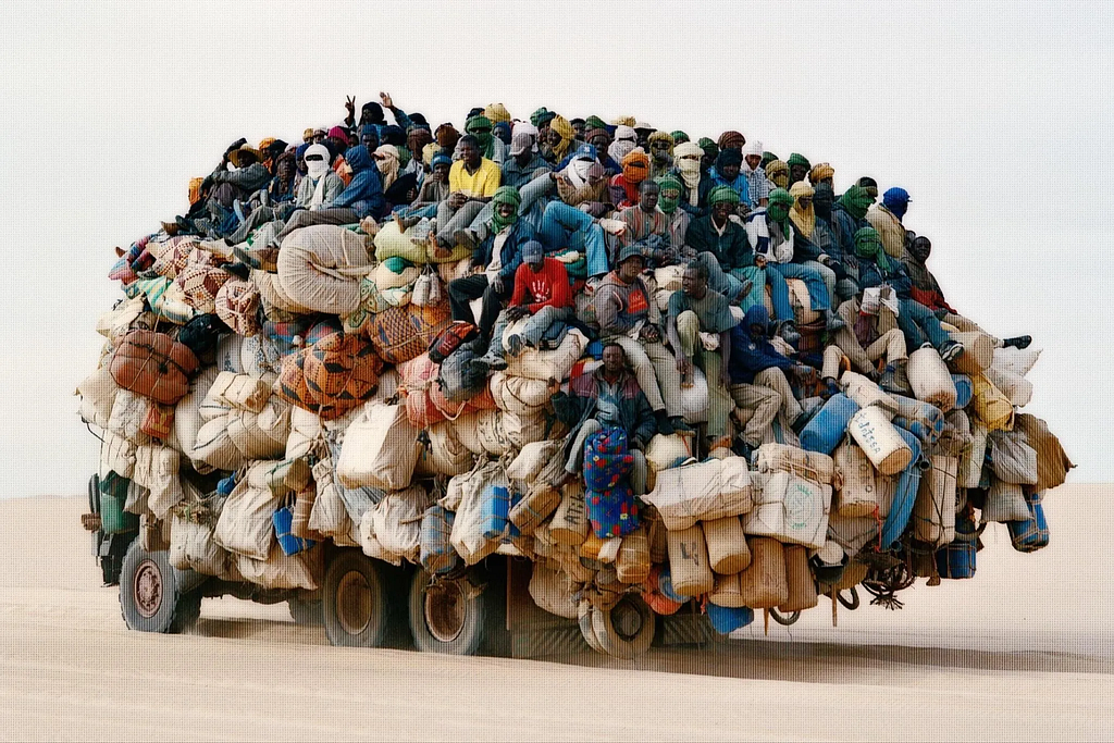 Photo of a truck in the Sahara overloaded with people