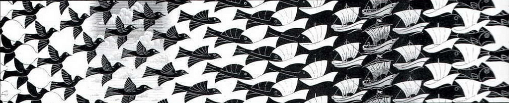 From “Metamorphosis III” by M.C. Escher, 1968, showing a transition from birds to fishes.