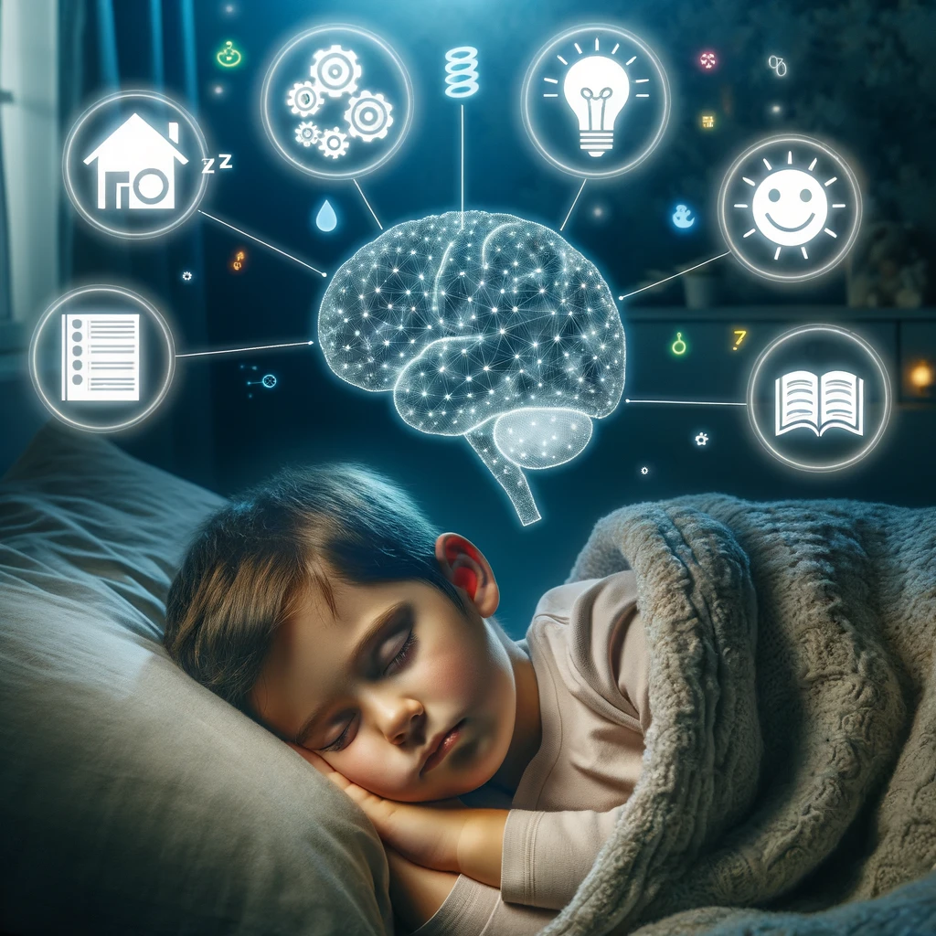 Child experiencing deep sleep, with symbols of brain growth, positive behavior, and intellectual development hovering above