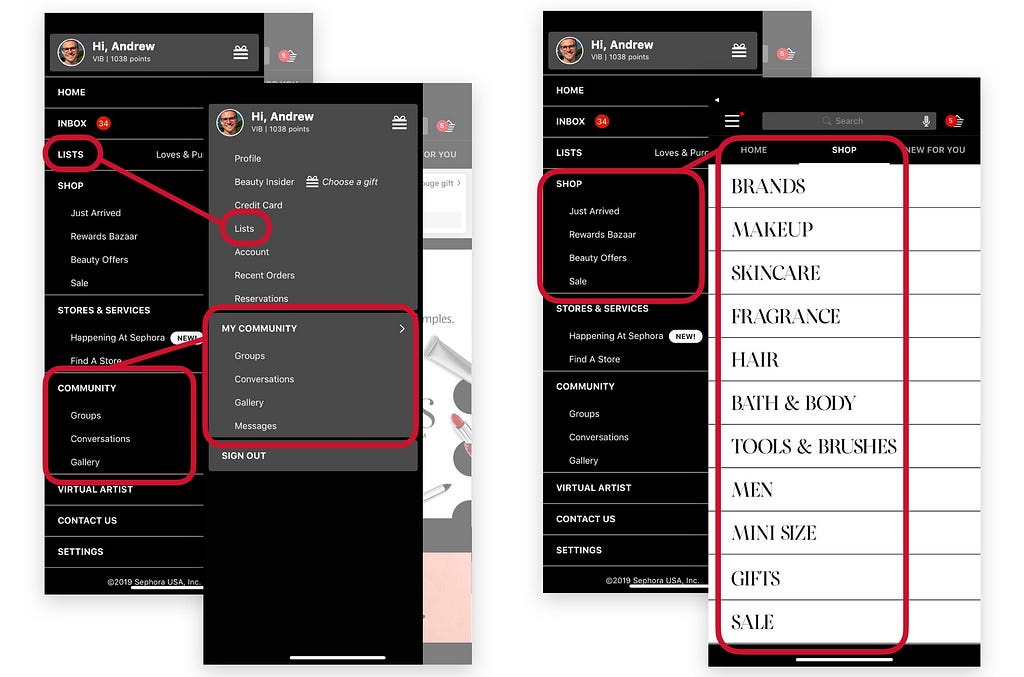 Screenshots showing the duplication of content in the various menus of the Sephora app.