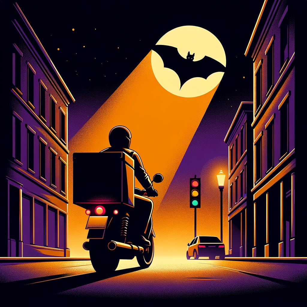 bat signal shown ahead in the night, on a street with a delivery man on a motorcycle, darkly lit cartoon version; purple, orange, black, yellow, and stoplight colors