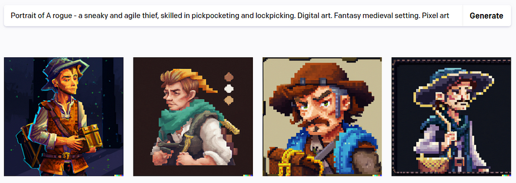 Screenshot of the DALL-E generation output for the following prompt: “Portrait of A rogue — a sneaky and agile thief, skilled in pickpocketing and lockpicking. Digital art. Fantasy medieval setting. Pixel art”. It shows four distinct portraits of the bust of characters with light clothes, similar to rogues uses in fantasy games. One of them is also holding a treasure chest, while other has a scarf around the neck.