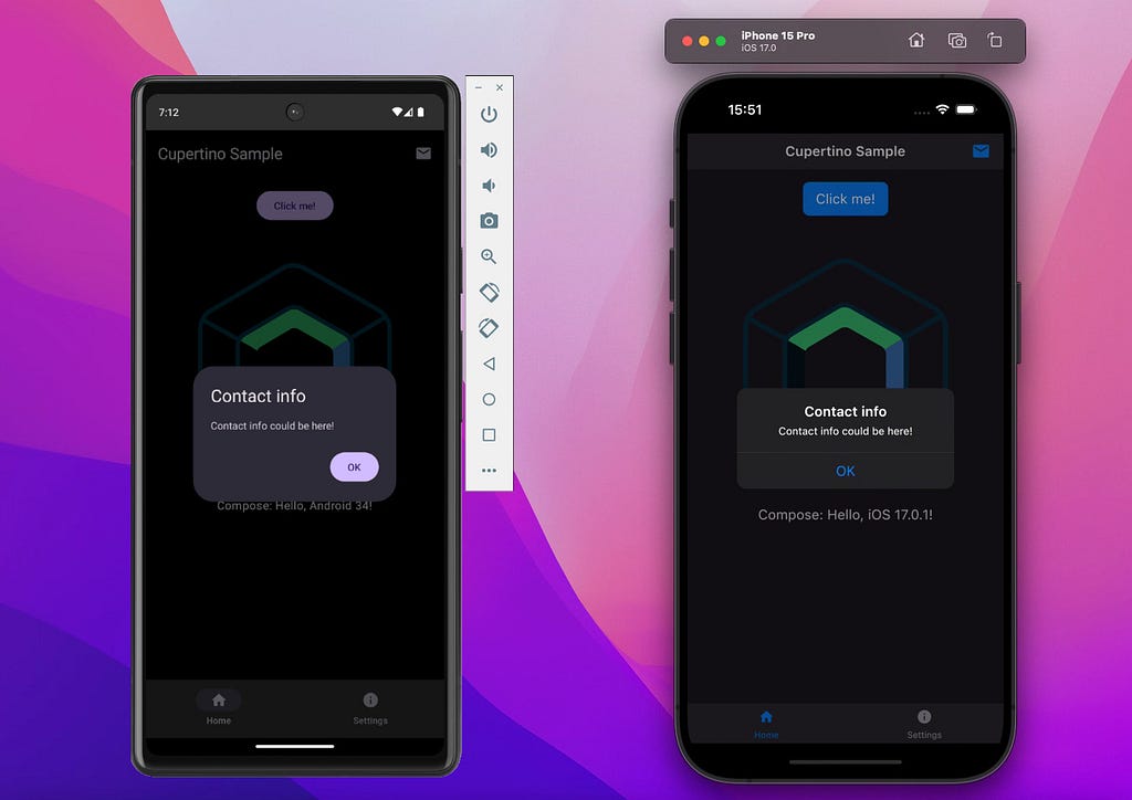 Android and iOS emulators next to each other, showing native look & feel on each platform. This time in dark theme.