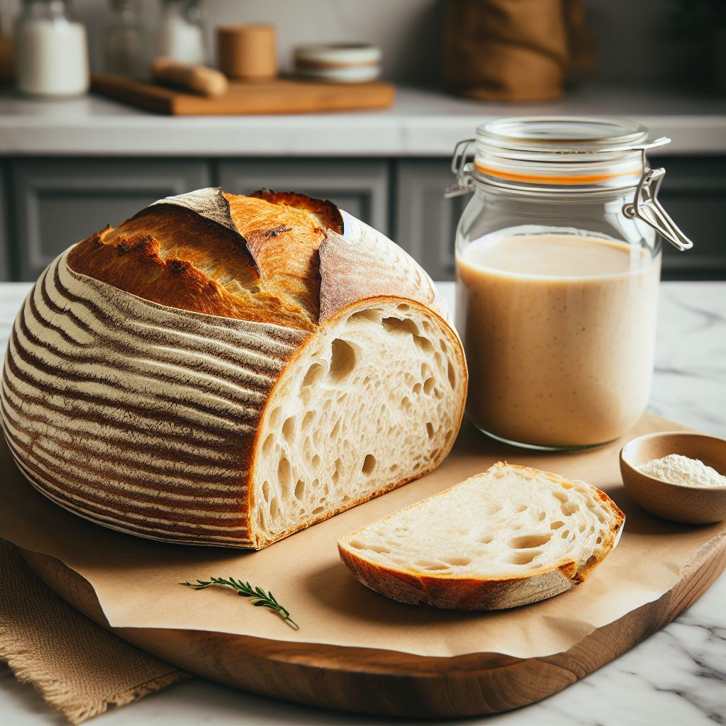 A domed round sourdough loaf sits on a chopping board. A chunky slice is already cut off showing rich airy texture. Beside the loaf a Kilner jar contains the sourdough starter.