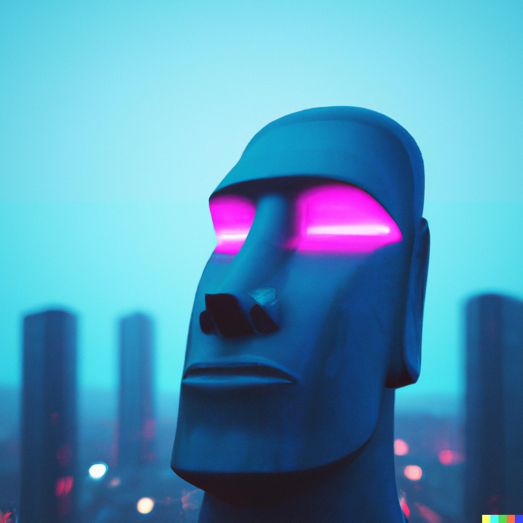 A futuristic cyborg Moai Easter Island head statue with glowing blue eyes, with a futuristic cityscape in the background, synthwave, long shot