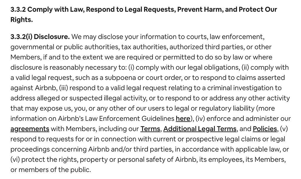 Example of a section of a part of Airbnb’s privacy policy where complex legal jargon is used, making it difficult for the user to understand.