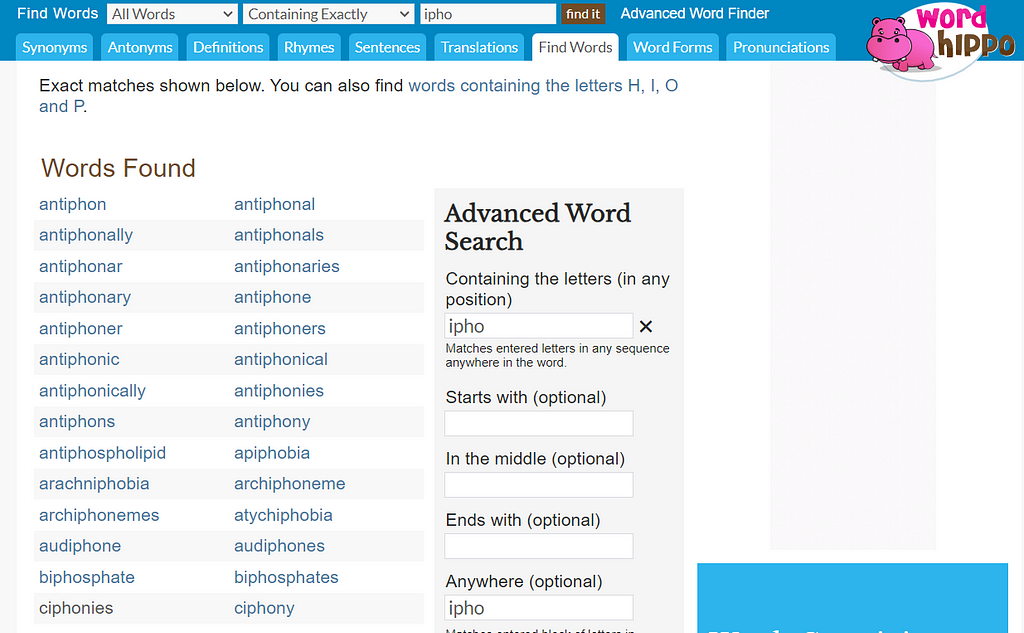 The screenshot shows the example of wordhippo.com word searching.