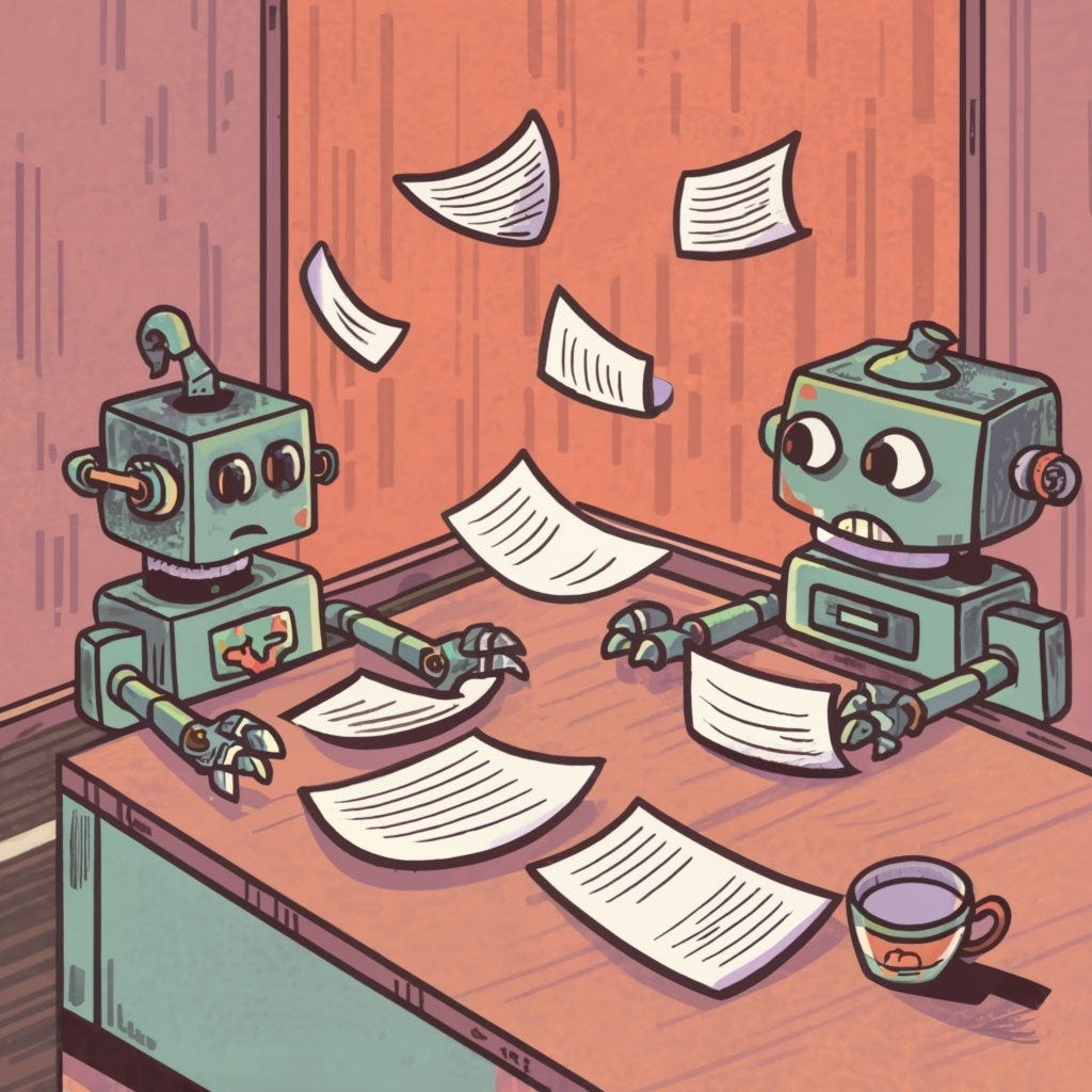 An illustrative drawing of cartoon robots studying