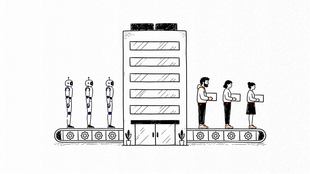 Ilustración de un gran edificio de oficinas situado entre dos cintas transportadoras. A la izquierda, tres robots humanoides se encuentran sobre una cinta transportadora que avanza hacia el edificio. A la derecha, tres trabajadores están parados sobre una cinta transportadora sacando cajas del edificio. Una ilustración dibujada a mano en blanco y negro simboliza cómo la inteligencia artificial y la automatización están remodelando el trabajo humano en el lugar de trabajo.