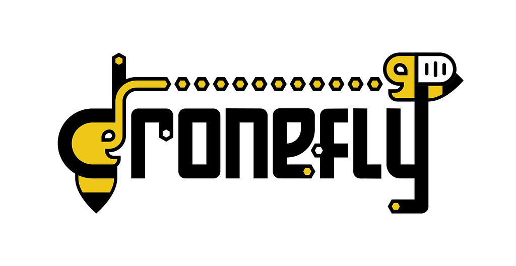 Logo of Drone Fly where a bee with an elephant face wrapped in letter D is sending packets to a drone fly on top of letter Y.