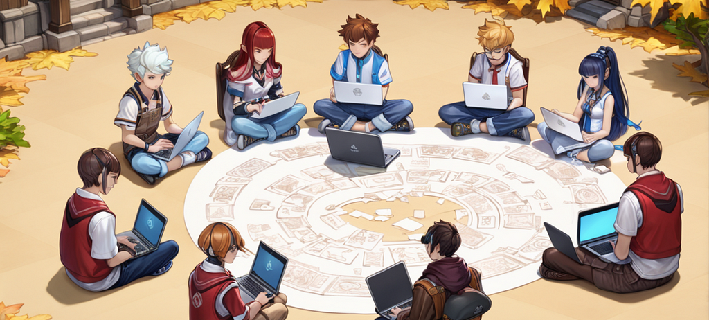 Group of people sitting in a circle, looking at their laptops.