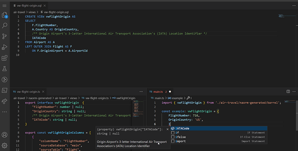 A screenshot of a SQL file containing a JSDoc comment, with the comment showing up within VSCode’s IntelliSense.