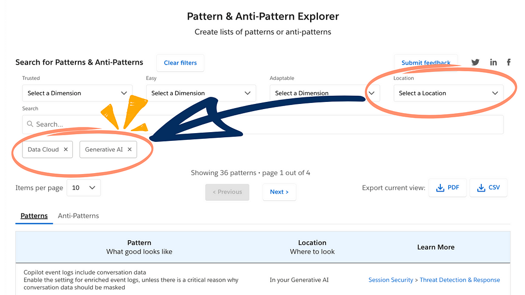 A screenshot highlighting the new content for Data Cloud and AI in the Pattern & Anti-Pattern explorer